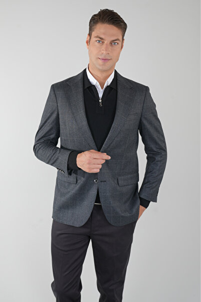 Bisse PCK 23203 DOKUMA FİLANEL-MONO YAKA-ÇİFT YIRTMAÇ-6 DR KLS CEKET Koyu-Gri