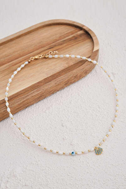 ByFlorya Jewelry Sedef Doğal Taş Kolye 40cm+5cm El İşi Özel Yapım Gerçek Taş