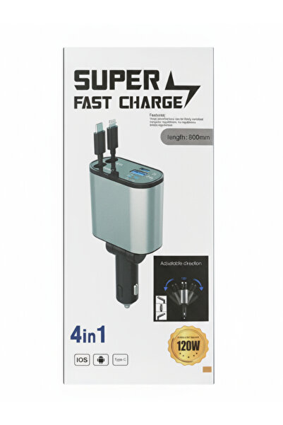 Midkan 4’ü 1 Arada 120W Süper Hızlı Araç Şarj Cihazı | Type-C & iOS & Android Uyumlu | Döner Başlıklı