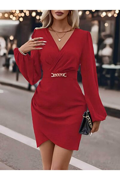 JANES Kadın Toka Ve Büzgü Detaylı Kruvaze Yaka Şık Mini Krep ELbise