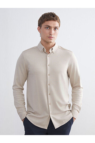 LC Waikiki Μπεζ Slim Fit Μακρυμάνικο Ανδρικό Πουκάμισο