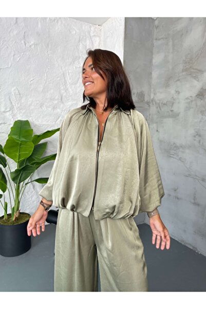 Elif Özbey Butik Çağla Green Front Zippered Bomber Satin Jacket