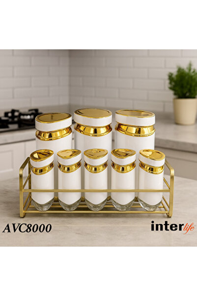 İnterlife 8-Piece Luxury Spice Set with Metal Stand Modern Kitchen Organizer ...