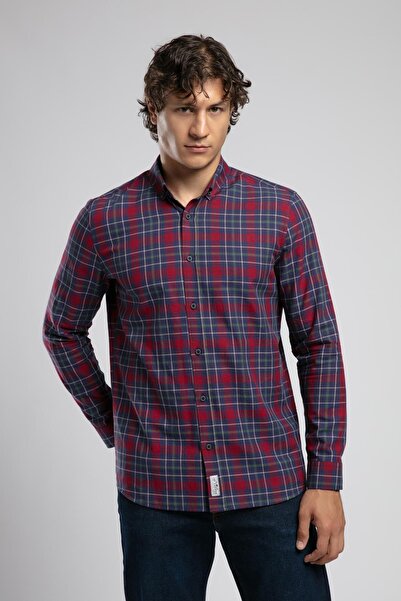 Lee Cooper Jamie Erkek Dokuma Gömlek Lacivert-Bordo Ekose