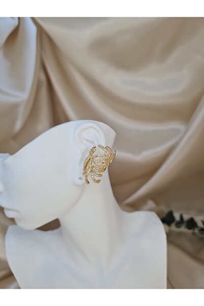 ZEYM COLLECTION Altın Renk Zirkon Taşlı Yaprak Form Ear Cuff Küpe – Deliksiz Kullanım Uyumlu