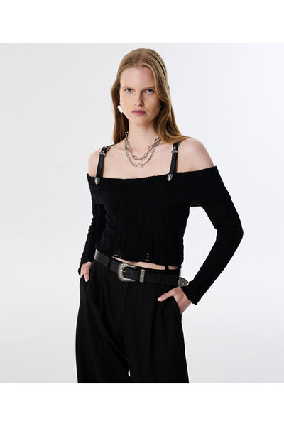 Twist Suni Deri Kemer Askılı Triko Siyah Kadın Kazak Tw6250050192