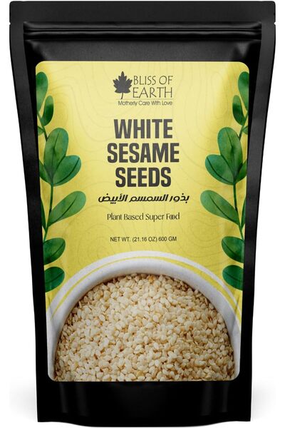 bliss of earth بذور السمسم الأبيض، سمسم طبيعي كامل للأكل وتحضير الطحينة، مكون غير معدل وراثيًا، عبوة من قطعة واحدة، وزنها 600 جرام