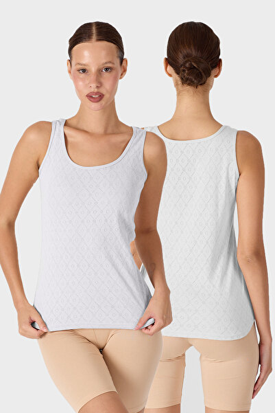 Malabadi Women's White 2-Piece Thick Strap 100% Cotton Jacquard Tank Top 2m354