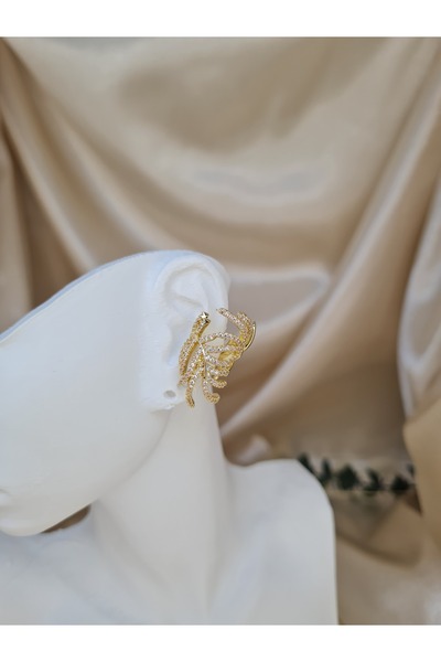 ZEYM COLLECTION Altın Renk Zirkon Taşlı Yaprak Form Ear Cuff Küpe – Deliksiz Kullanım Uyumlu