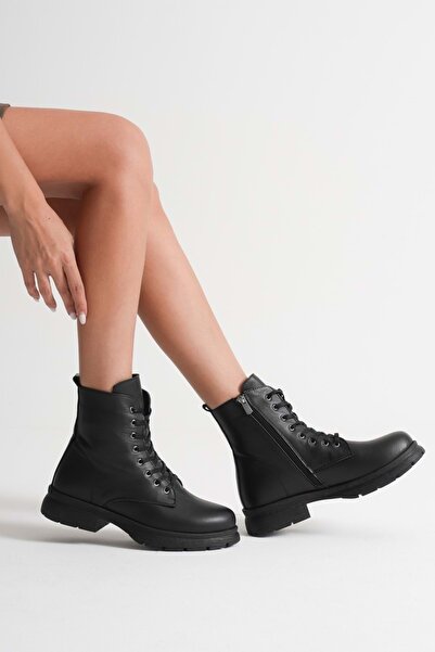 ANALİN SHOES Kadın Hakiki Deri Bağcıklı Fermuarlı Rahat Postal Bot - Siyah