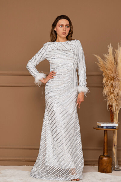 BEYBOS Μακρύ βραδινό φόρεμα με παγιέτες και στρας - ΛΕΥΚΟ