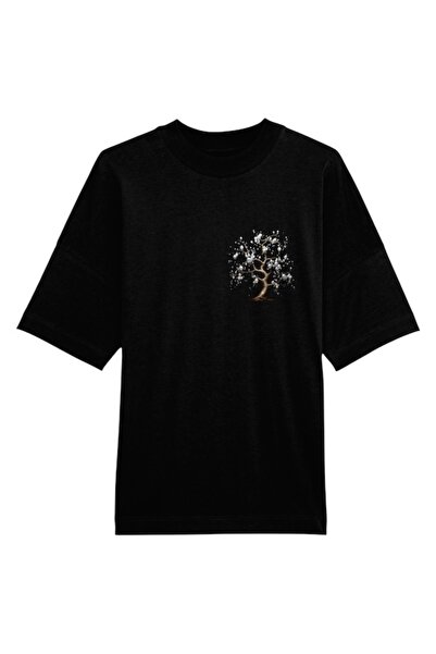 moho Tricou oversized negru din bumbac , design Copac si Perle