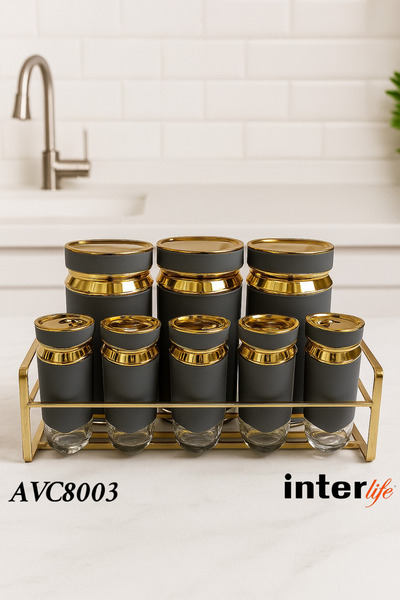 İnterlife 8-Piece Luxury Spice Set with Metal Stand Modern Kitchen Organizer ...