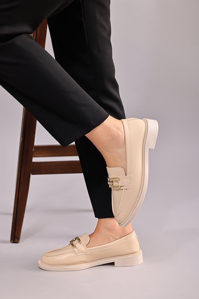 Modafadır Women's Cream Loafer Moccasin Casual Silver Color Buckle Casual Shoes