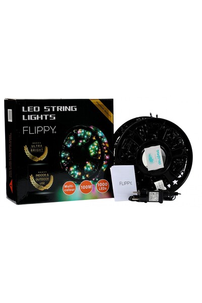 Flippy Christmas linear string lights with transformer, 100m, multicolor, 1000 LEDs, black wire, 8 light mo