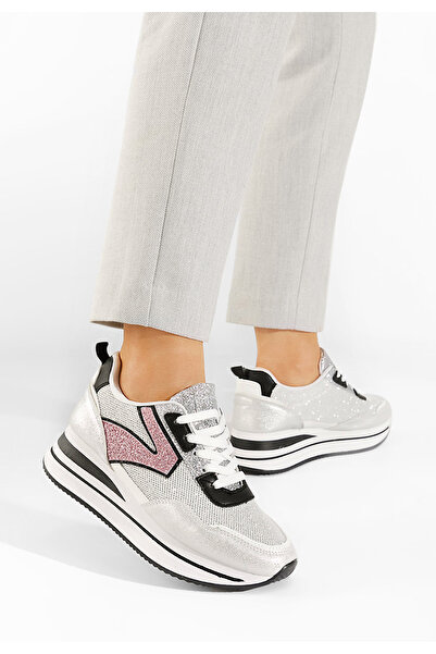 B T Shoes Stribrné dámské tenisky na klínku Tarika