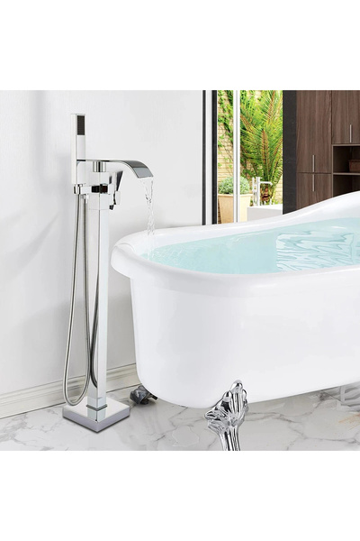 BisDesign Baterie cadă ®, montare pe podea, pătrată, crom lucios, pipă tip cascadă, dimensiune 98 cm