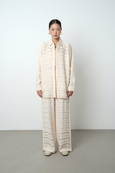 Orfeo Negro Women's Horizontal Stripe Stone Embroidered Solid Color Oversize Shirt