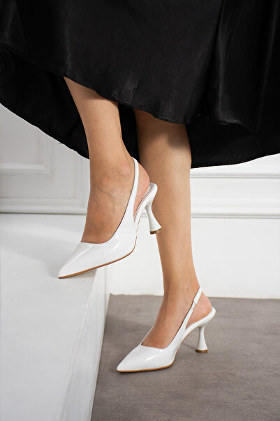 Güllü Shoes White Wrinkled Patent Leather Pointed Toe Open Side Strap Thin Heeled Women's Stiletto Evening Dress Shoes