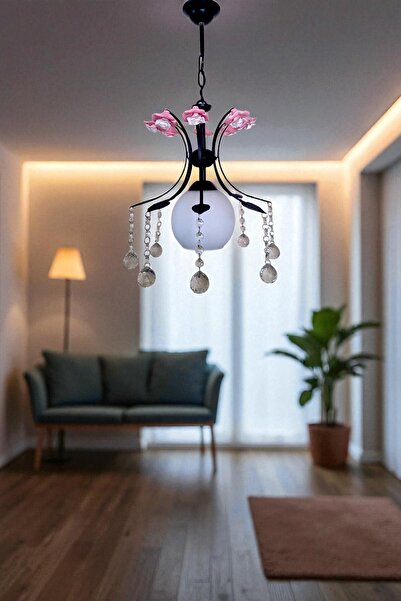 ÖZBAK AVİZE Özbak Avize Mahru Tekli Avize Siyah – Çiçek Detaylı Kristal Taşlı...