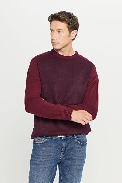 ALTINYILDIZ CLASSICS Erkek Bordo-Lacivert Standart Fit Normal Kesim Bisiklet Yaka Jakarlı Triko Kazak