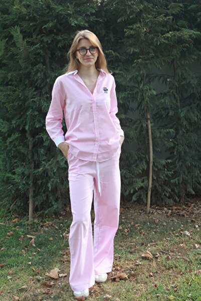 Neva Butik Bijuteri PEMBE ÇİZGİLİ TAKIM
