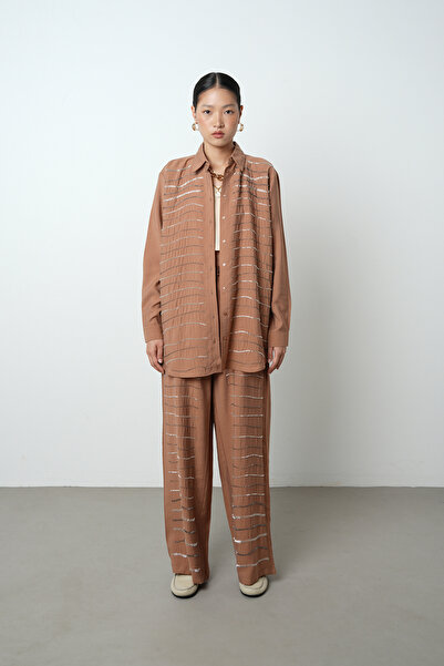 Orfeo Negro Women's Horizontal Stripe Stone Embroidered Solid Color Oversize Shirt