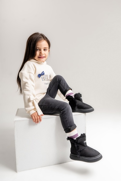 mnpc Kız Çocuk Siyah Hakiki Deri Hakiki Kürklü Suya Dayanıklı Bot