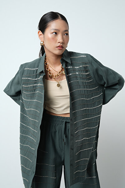 Orfeo Negro Women's Horizontal Stripe Stone Embroidered Solid Color Oversize Shirt