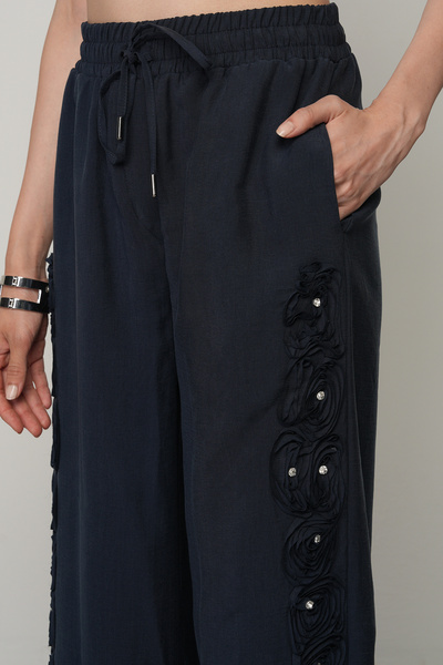 Orfeo Negro Women's Stripe Rose and Stone Detailed Solid Color Elastic Waist Wide Leg Trousers