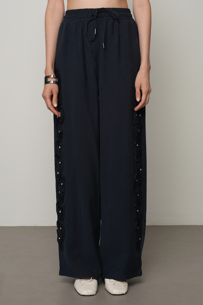 Orfeo Negro Women's Stripe Rose and Stone Detailed Solid Color Elastic Waist Wide Leg Trousers