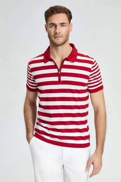 Hemington Fermuar Detaylı Kırmızı Beyaz Çizgili Merserize Pamuk Triko Polo