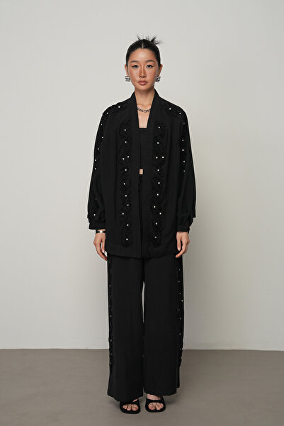 Orfeo Negro Women's Stripe Rose and Stone Detailed Plain Oversize Kimono