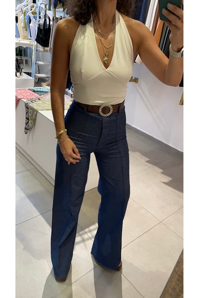 Butik Kadın, Yüksek Bel, Önden Dikiş Detaylı, Likralı Palazzo Lacivert Jean P...