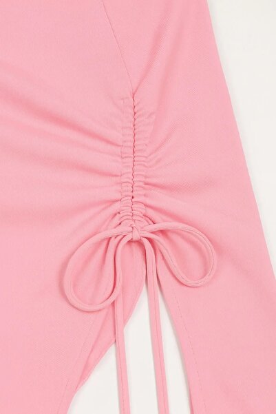 World Fashion Trends 9130 PEMBE ASİMETRİK YAKA YANI BÜZGÜLÜ ESNEK BLUZ