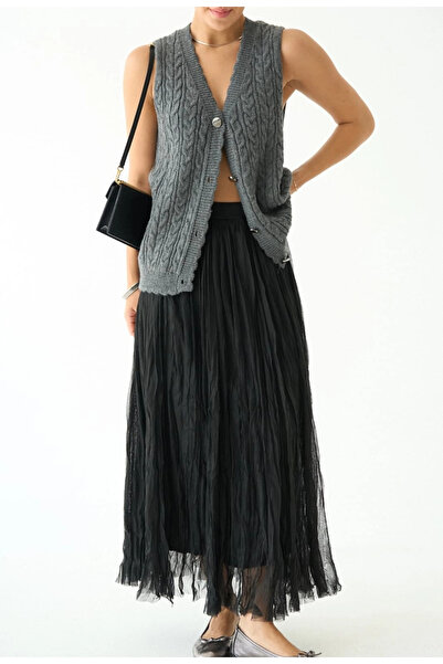 Qu Style Elastic Waist Lined Ankle Length Tulle Skirt Black