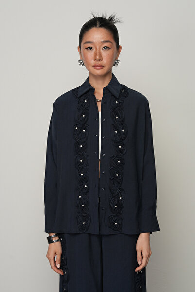 Orfeo Negro Women's Rose and Stone Stripe Embroidered Plain Shirt