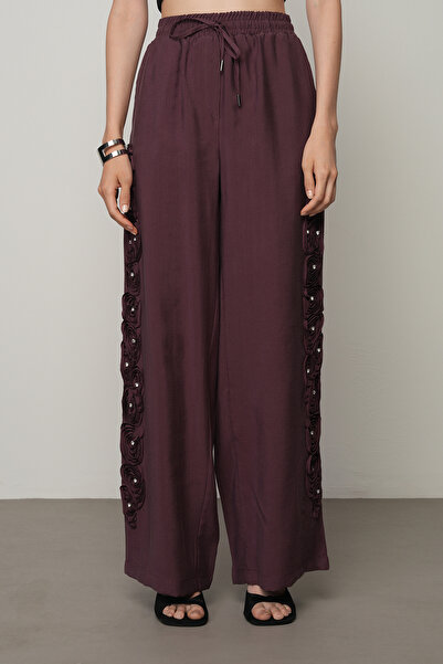 Orfeo Negro Women's Stripe Rose and Stone Detailed Solid Color Elastic Waist Wide Leg Trousers