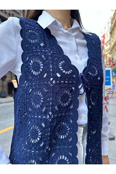 Hatun Atila Hatunatila Floral Patterned Acrylic Sweater Vest 5198 - Navy Blue