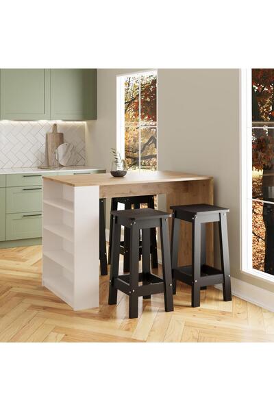 Bimossa Pablo G4911 4 Adet Siyah Tabureli Bar Masası Sepet Beyaz 4 Raflı Açık Depolamalı Çok Amaçlı Masa