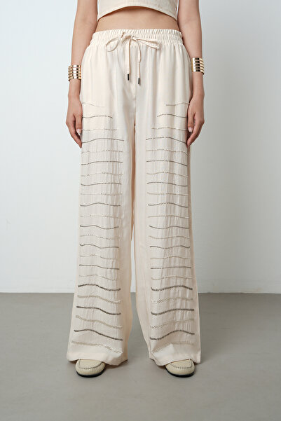 Orfeo Negro Women's Horizontal Stripe Stone Embroidered Solid Color Elastic Waist Wide Leg Pants