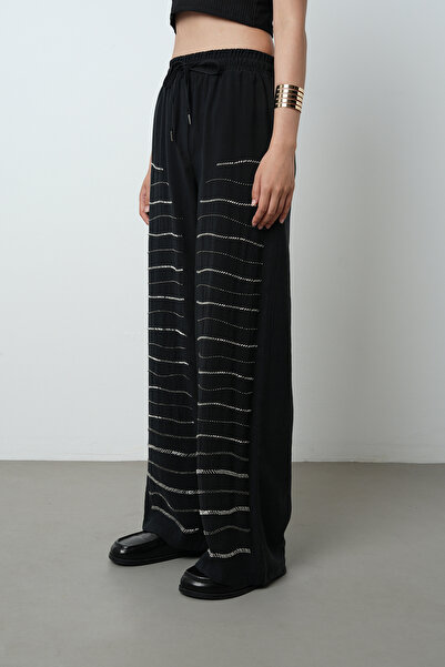 Orfeo Negro Women's Horizontal Stripe Stone Embroidered Solid Color Elastic Waist Wide Leg Pants