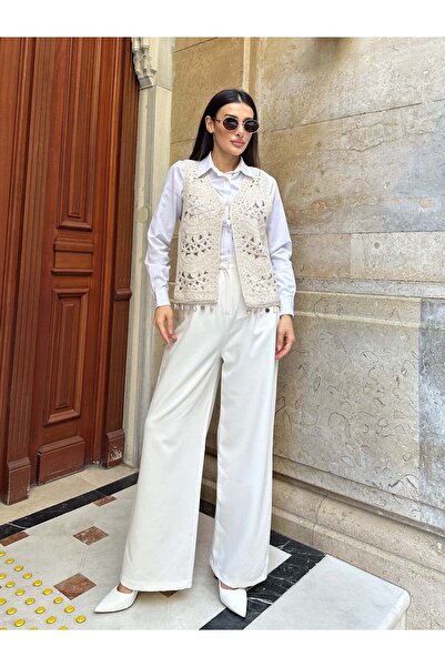 Hatun Atila Seashell and Sequin Stripe Detailed Sweater Vest 5242 - Beige