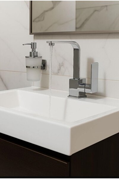 RENA DESIGN LAVABO BATARYASI KROM KARE BANYO LAVABO MUSLUK AĞIR PRİNÇ GÖVDE D...
