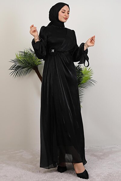 giz astore Beli Gül Detay Abiye Siyah