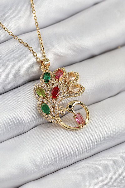 callerrons accessories قلادة نسائية من حجر الزركون على شكل طاووس باللون الذهب...