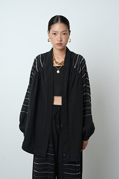 Orfeo Negro Women's Oversize Cut Kimono with Horizontal Stone Embroidery on the Back and Sleeves