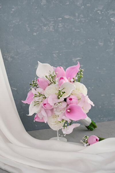 Uğur Gelin Buketi Lale Gala Gül Pembe Beyaz Gelin Çiçeği