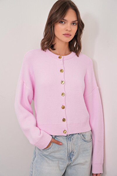 Mixray 6956 Women's Stone Button Detailed Knitwear Soft Cardigan Pink