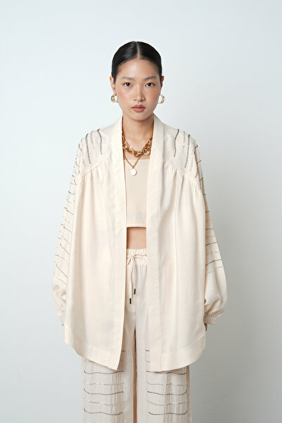 Orfeo Negro Women's Oversize Cut Kimono with Horizontal Stone Embroidery on the Back and Sleeves